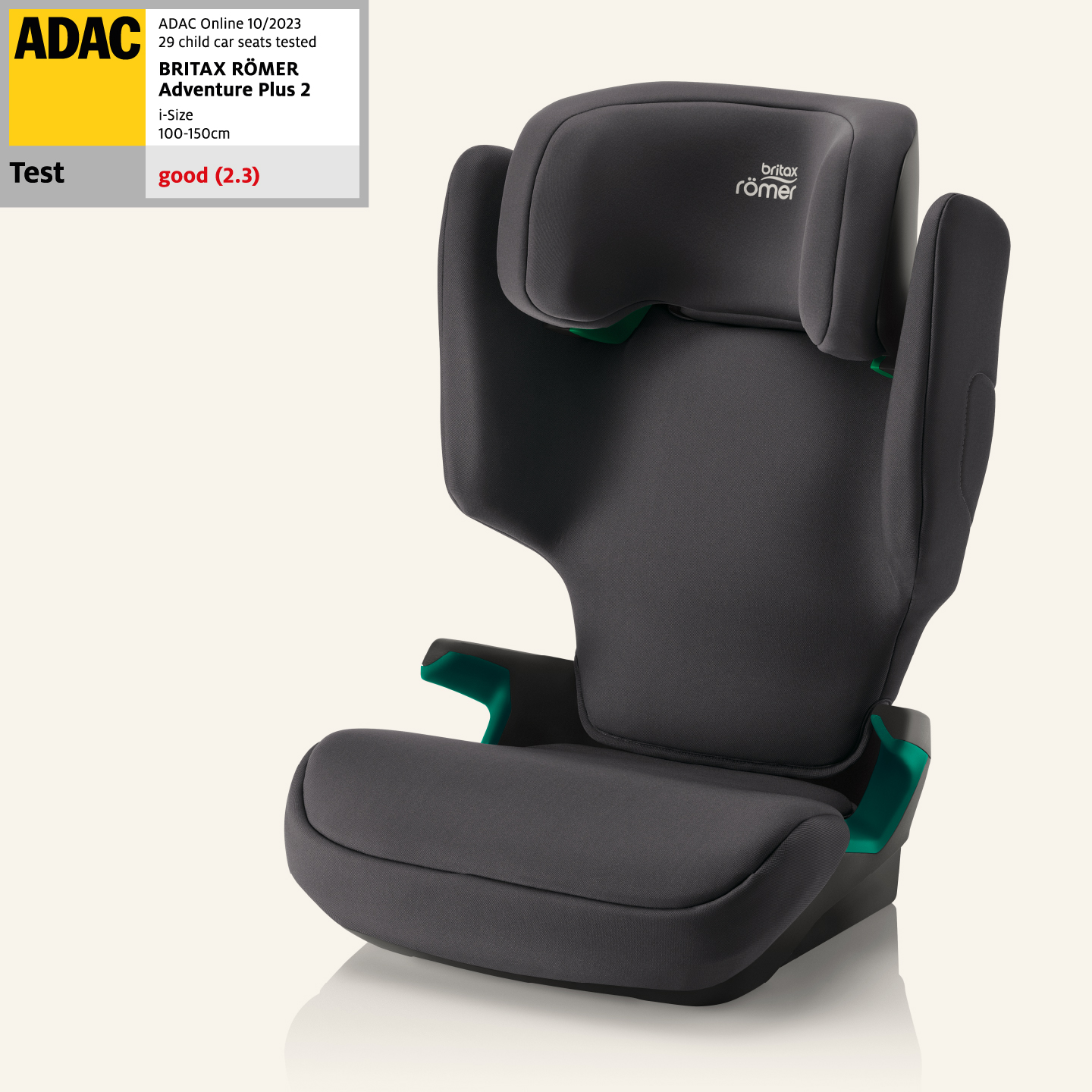 Britax R&ouml;mer ADVENTURE PLUS 2 high-back child seat, with ADAC test rating of "GOOD" (2.3).
